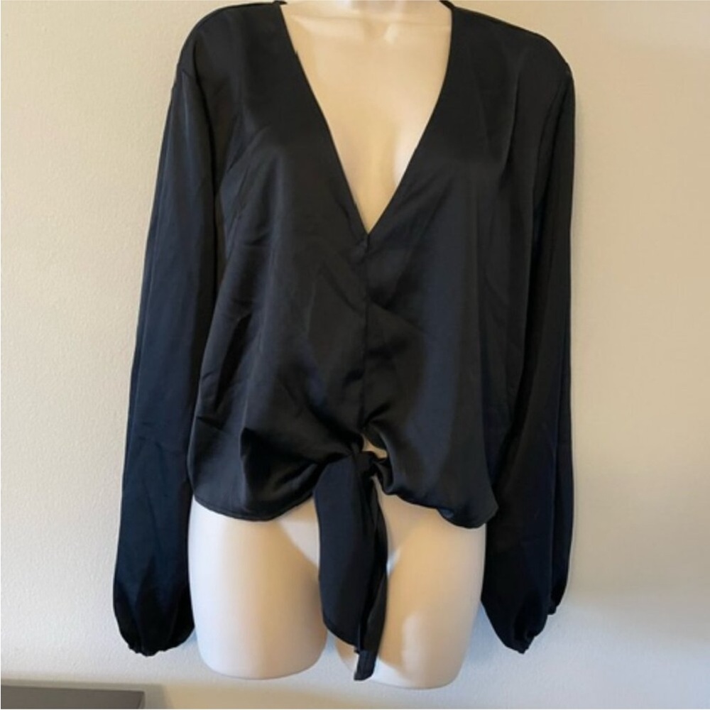 JustFab Black Deep V-Neck Tie Blouse